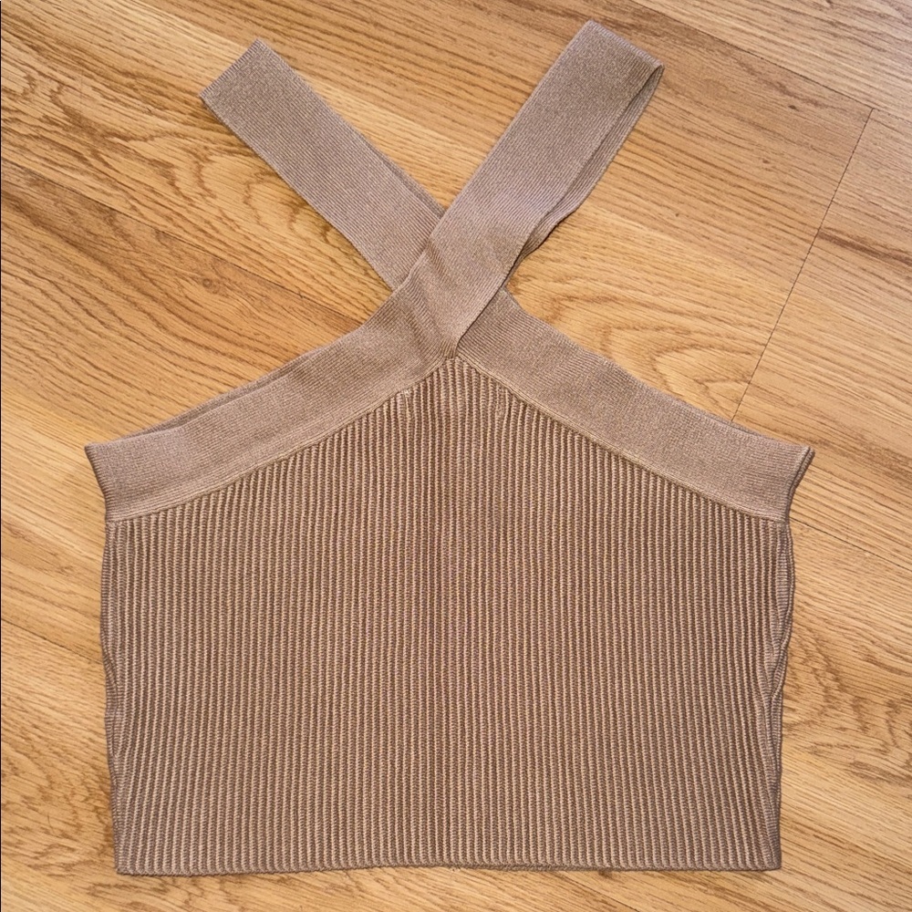 Love Tree Tan Ribbed Cross-Back Crop Bandage Top Medium Viscose - Picture 2 of 4